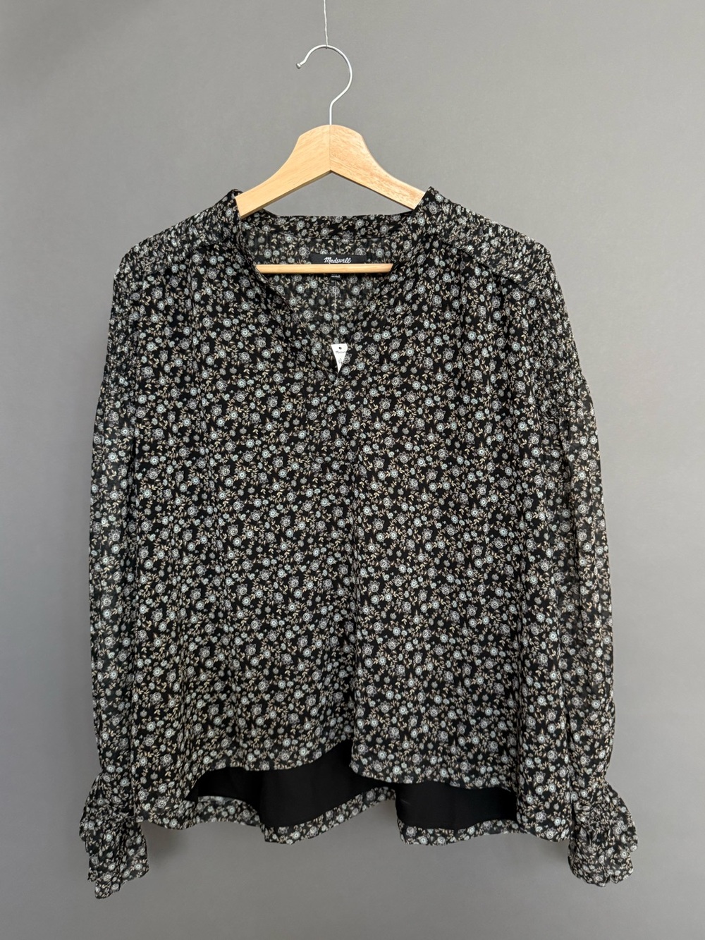 Madewell NWT Floral Smocked Ruffle Sleeve Blouse Black L